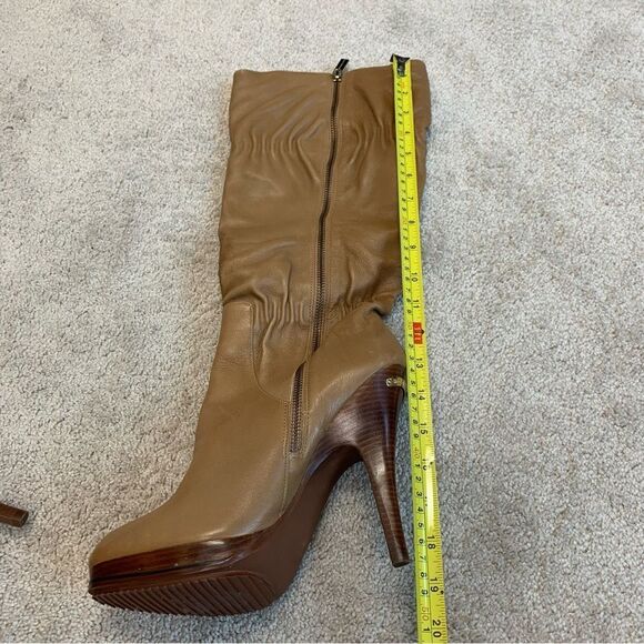 MICHAEL Kors camel brown leather high heel platform slouchy ruched boots Sz 10 - Picture 10 of 13